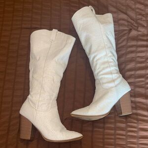 Rhinestone White Knee-High Western Boots